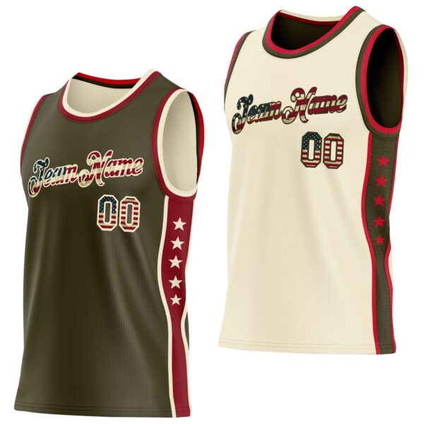 Custom Reversible Olive Vintage USA Flag-Cream Double Side Star Sublimation Basketball Suit Jersey