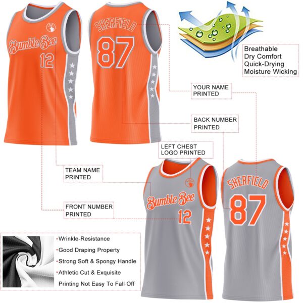 Custom Reversible Orange White-Gray Double Side Star Sublimation Basketball Suit Jersey