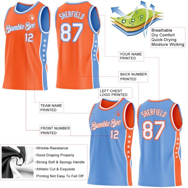 Custom Reversible Orange White-Lakes Blue Double Side Star Sublimation Basketball Suit Jersey