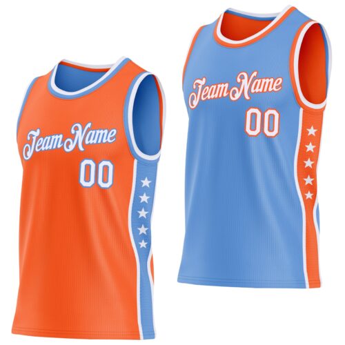 ReversibleD0462 Custom Reversible Orange White-Lakes Blue Double Side Star Sublimation Basketball Suit Jersey