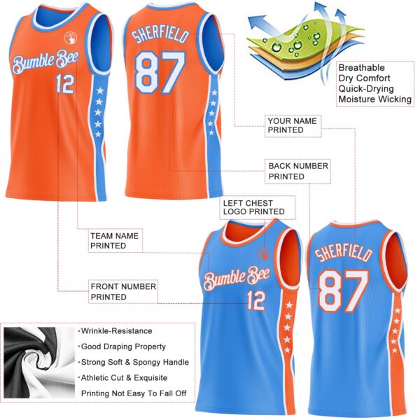 Custom Reversible Orange White-Powder Blue Double Side Star Sublimation Basketball Suit Jersey