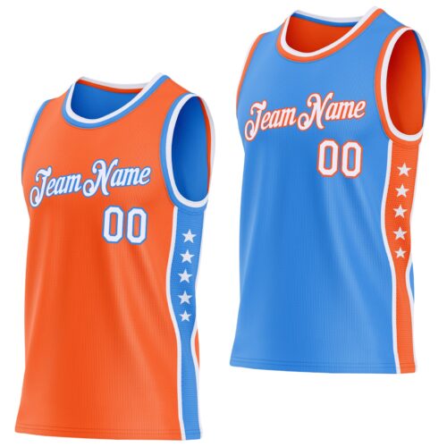 ReversibleD0463 Custom Reversible Orange White-Powder Blue Double Side Star Sublimation Basketball Suit Jersey