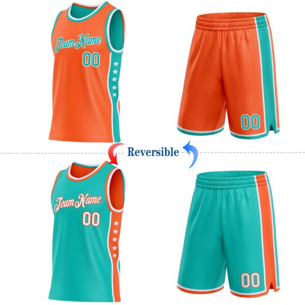 Custom Reversible Orange Aqua-White Double Side Star Sublimation Basketball Suit Jersey