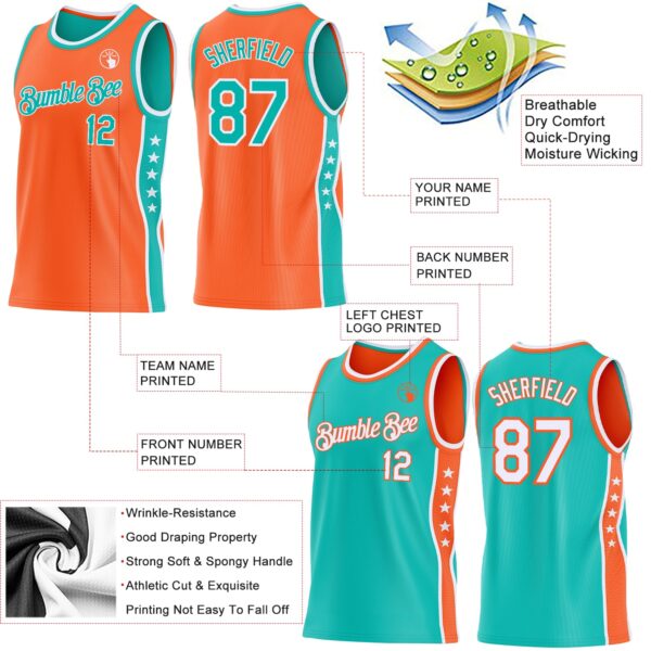 Custom Reversible Orange Aqua-White Double Side Star Sublimation Basketball Suit Jersey