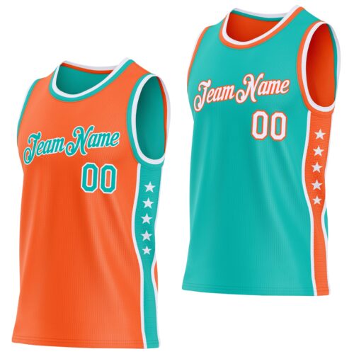 ReversibleD0464 Custom Reversible Orange Aqua-White Double Side Star Sublimation Basketball Suit Jersey