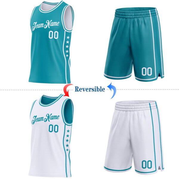 Custom Reversible Teal White Double Side Star Sublimation Basketball Suit Jersey