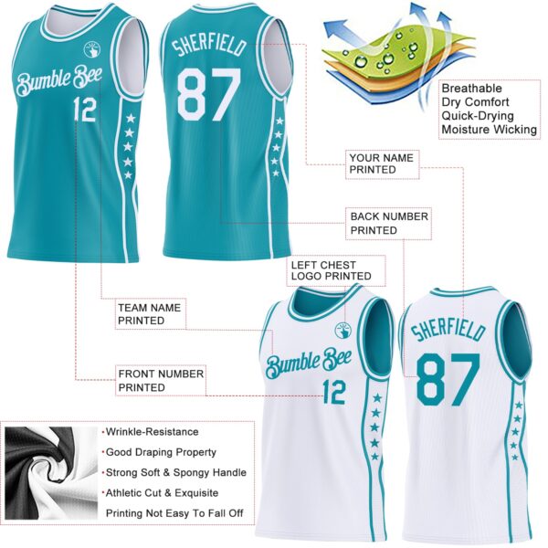 Custom Reversible Teal White Double Side Star Sublimation Basketball Suit Jersey