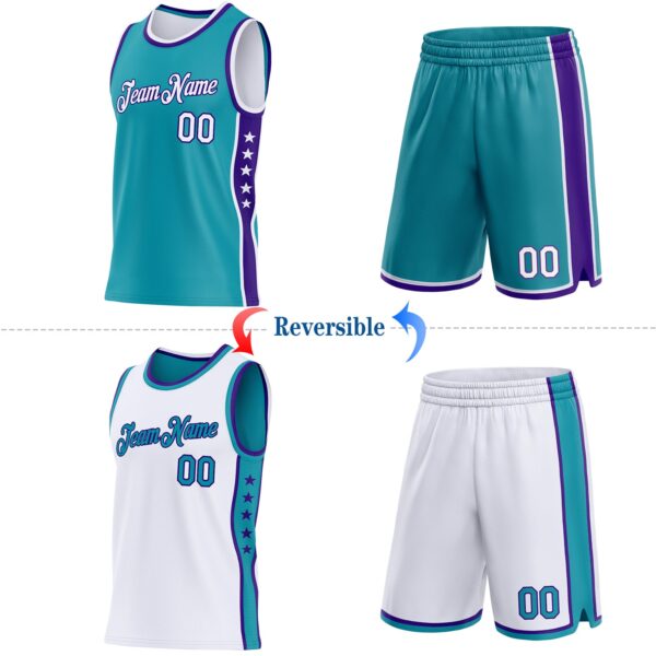 Custom Reversible Teal White-Purple Double Side Star Sublimation Basketball Suit Jersey
