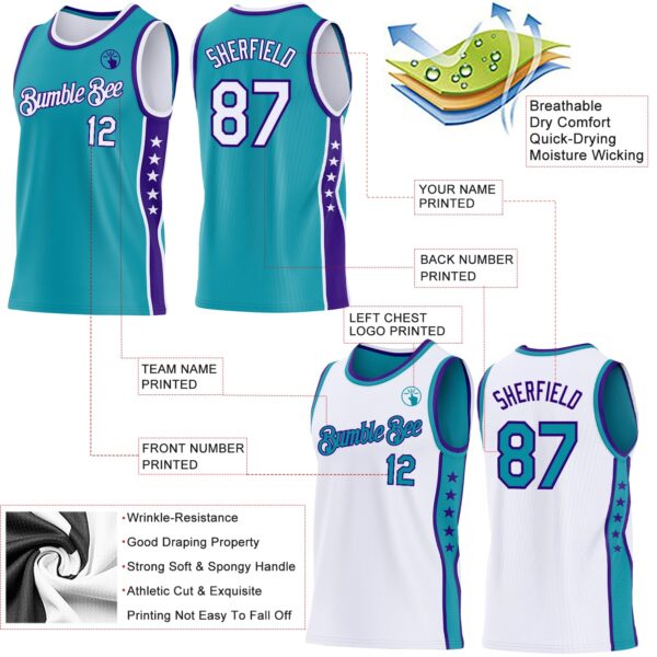 Custom Reversible Teal White-Purple Double Side Star Sublimation Basketball Suit Jersey