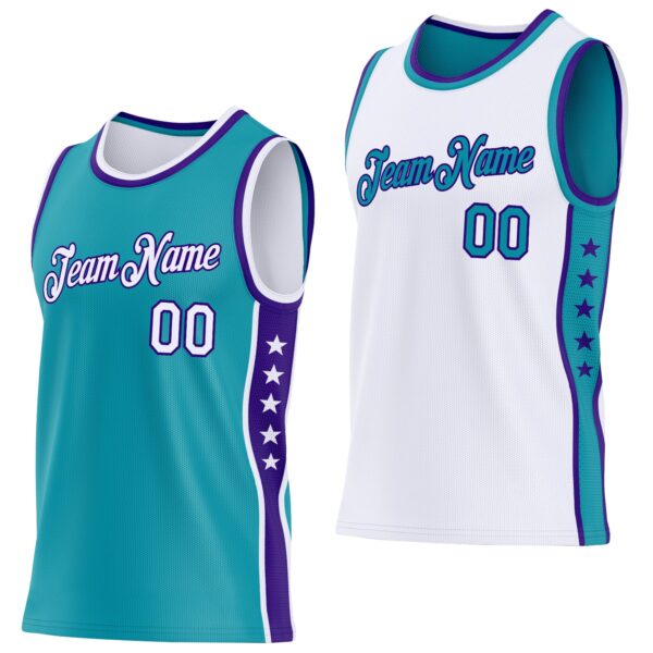 Custom Reversible Teal White-Purple Double Side Star Sublimation Basketball Suit Jersey