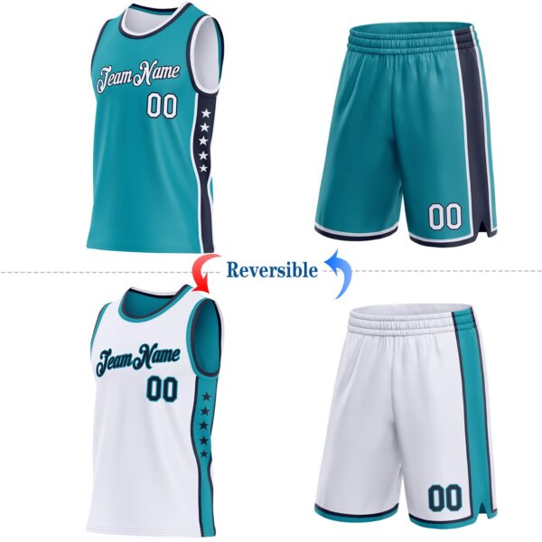 Custom Reversible Teal White-Navy Double Side Star Sublimation Basketball Suit Jersey