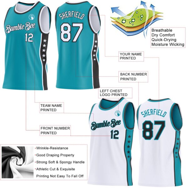 Custom Reversible Teal White-Black Double Side Star Sublimation Basketball Suit Jersey