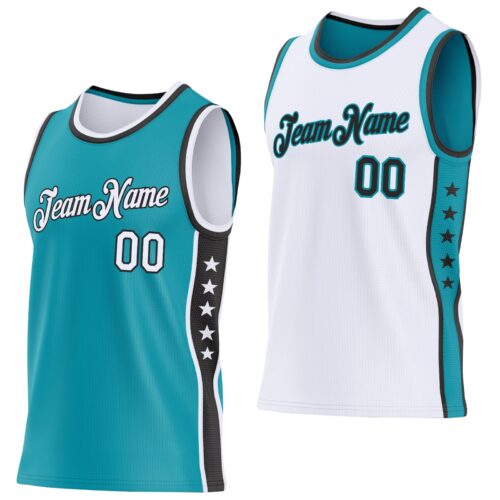 ReversibleD0468 Custom Reversible Teal White-Black Double Side Star Sublimation Basketball Suit Jersey