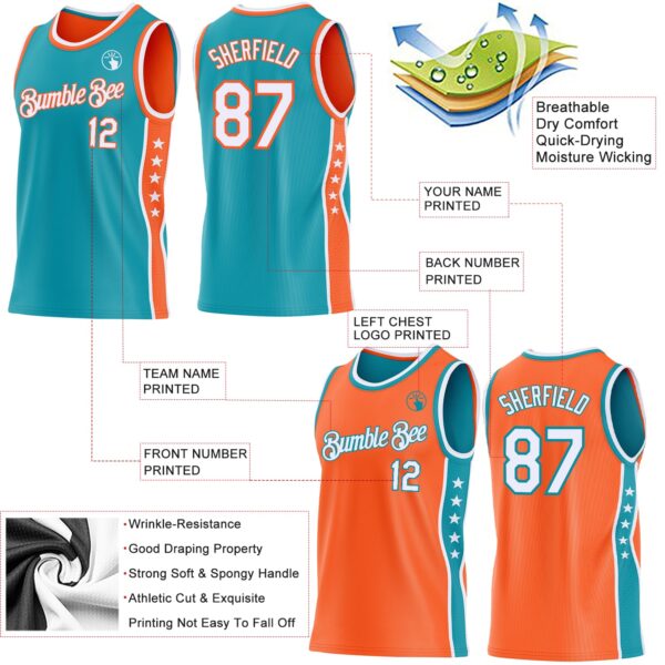 Custom Reversible Teal White-Orange Double Side Star Sublimation Basketball Suit Jersey