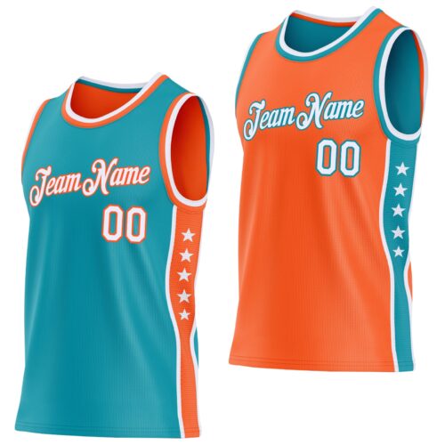 ReversibleD0469 Custom Reversible Teal White-Orange Double Side Star Sublimation Basketball Suit Jersey