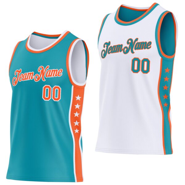 Custom Reversible Teal Orange-White Double Side Star Sublimation Basketball Suit Jersey