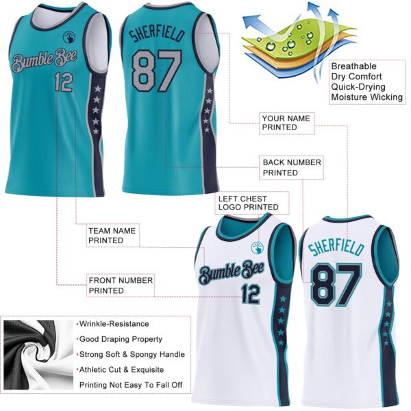 Custom Reversible Teal Gray-Navy Double Side Star Sublimation Basketball Suit Jersey