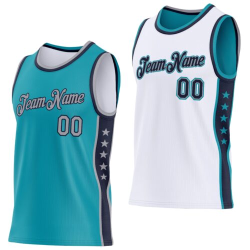 ReversibleD0471 Custom Reversible Teal Gray-Navy Double Side Star Sublimation Basketball Suit Jersey