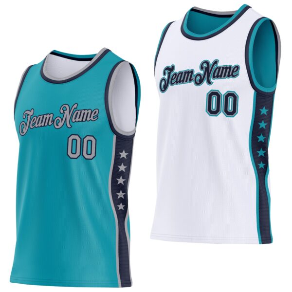 Custom Reversible Teal Gray-Navy Double Side Star Sublimation Basketball Suit Jersey