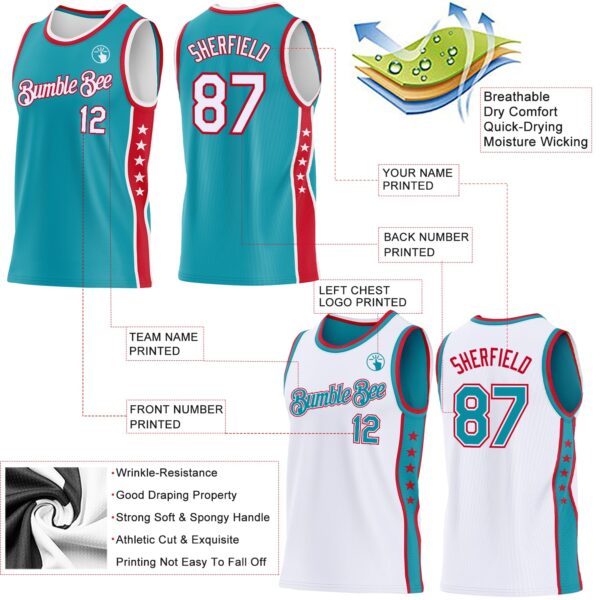 Custom Reversible Teal White-Red Double Side Star Sublimation Basketball Suit Jersey