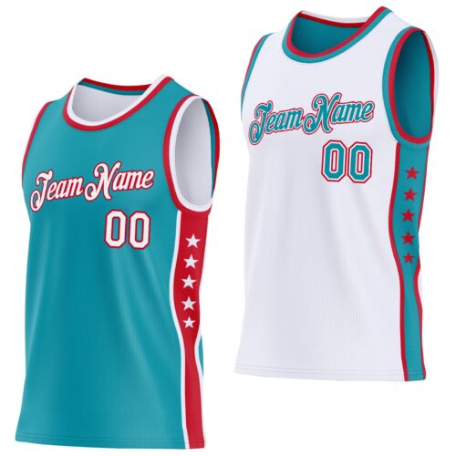 ReversibleD0472 Custom Reversible Teal White-Red Double Side Star Sublimation Basketball Suit Jersey