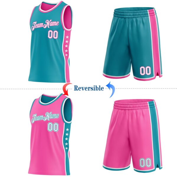 Custom Reversible Teal White-Pink Double Side Star Sublimation Basketball Suit Jersey