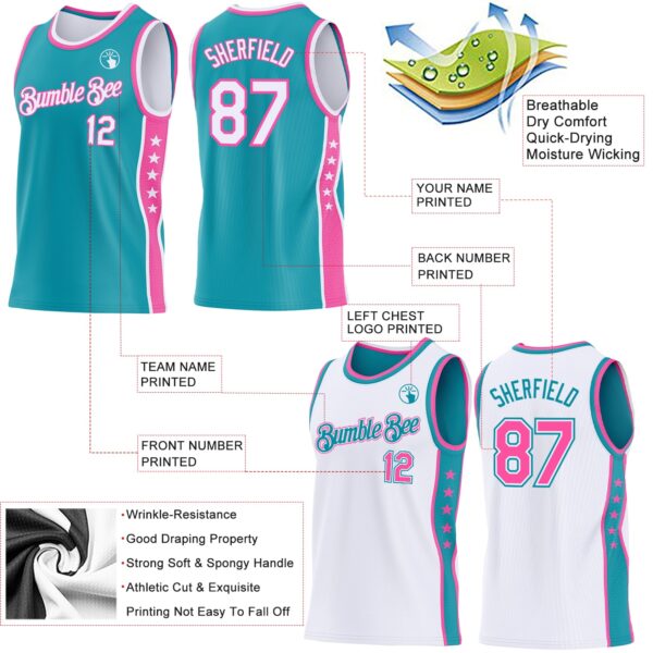 Custom Reversible Teal White-Pink Double Side Star Sublimation Basketball Suit Jersey