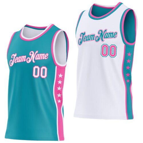 Custom Reversible Teal White-Pink Double Side Star Sublimation Basketball Suit Jersey
