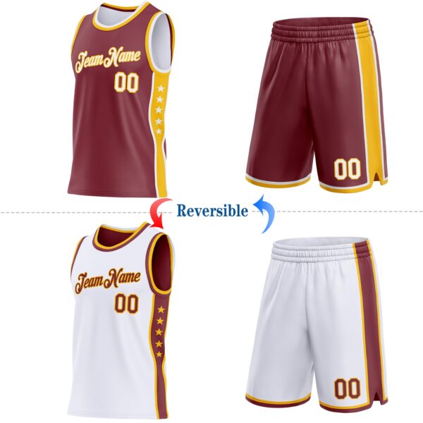 Custom Reversible Burgundy White-Gold Double Side Star Sublimation Basketball Suit Jersey