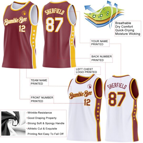 Custom Reversible Burgundy White-Gold Double Side Star Sublimation Basketball Suit Jersey