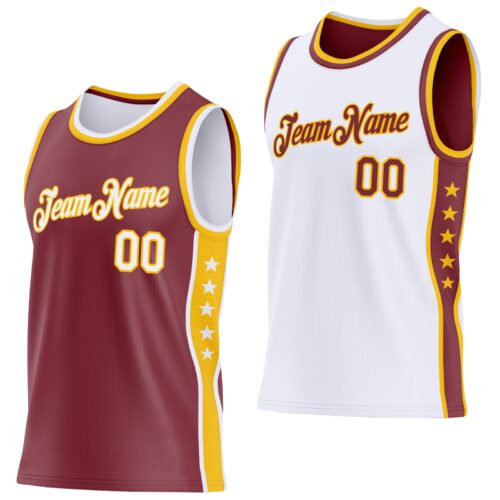 ReversibleD0475 Custom Reversible Burgundy White-Gold Double Side Star Sublimation Basketball Suit Jersey