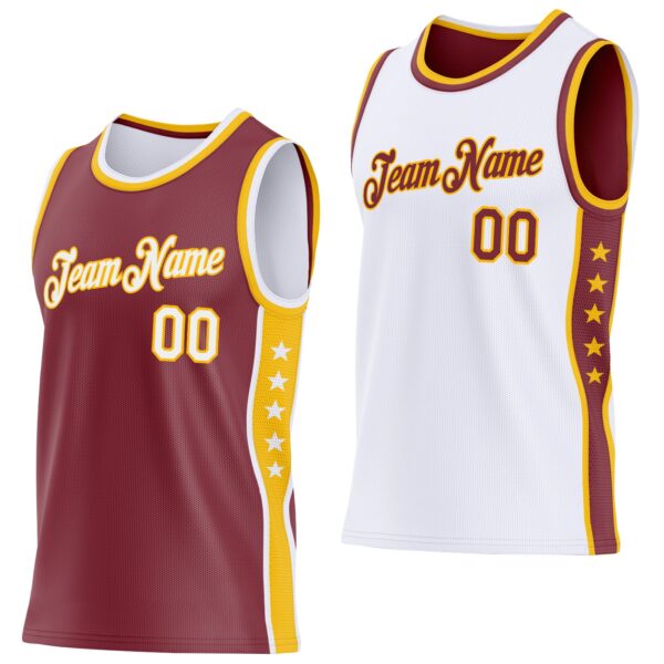 Custom Reversible Burgundy White-Gold Double Side Star Sublimation Basketball Suit Jersey