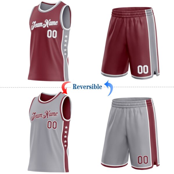 Custom Reversible Burgundy White-Gray Double Side Star Sublimation Basketball Suit Jersey