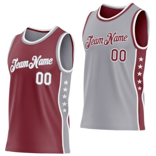 ReversibleD0476 Custom Reversible Burgundy White-Gray Double Side Star Sublimation Basketball Suit Jersey