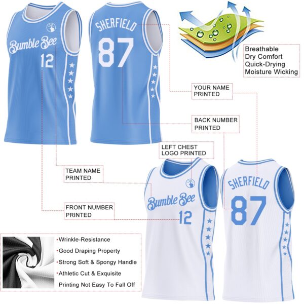 Custom Reversible Lakes Blue White Double Side Star Sublimation Basketball Suit Jersey
