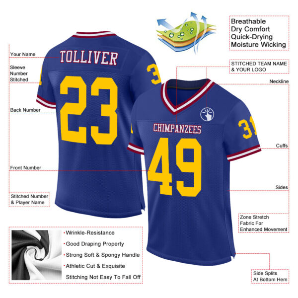 Royal0164-1 Custom Royal Gold-Maroon Mesh Authentic Throwback Football Jersey