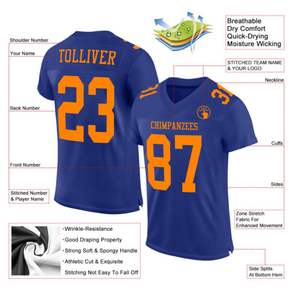 Royal0421-1 Custom Royal Bay Orange Mesh Authentic Football Jersey