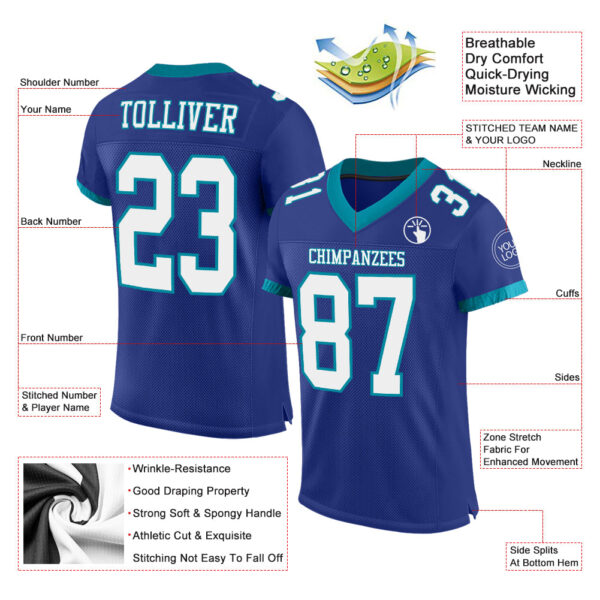 Royal0551-1 Custom Royal White-Teal Mesh Authentic Football Jersey