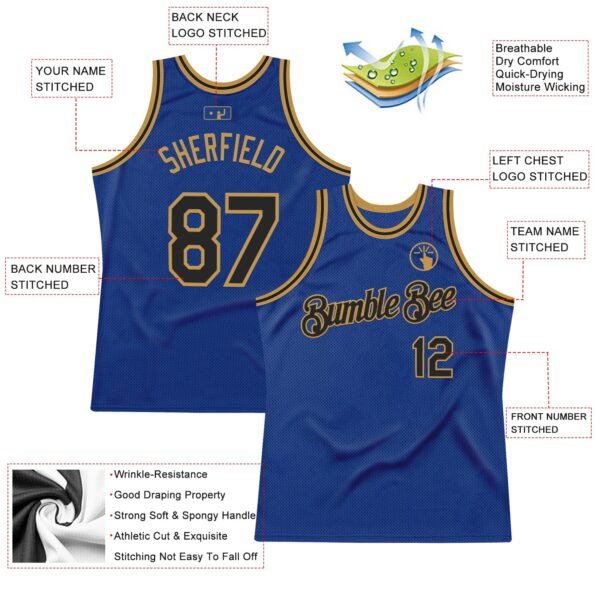Custom Royal Black-Old Gold Authentic Throwback Basketball Jersey