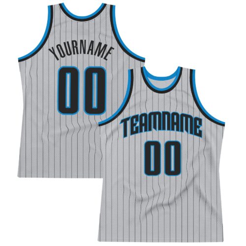 SilverGray0031 Custom Gray Black Pinstripe Black-Blue Authentic Basketball Jersey