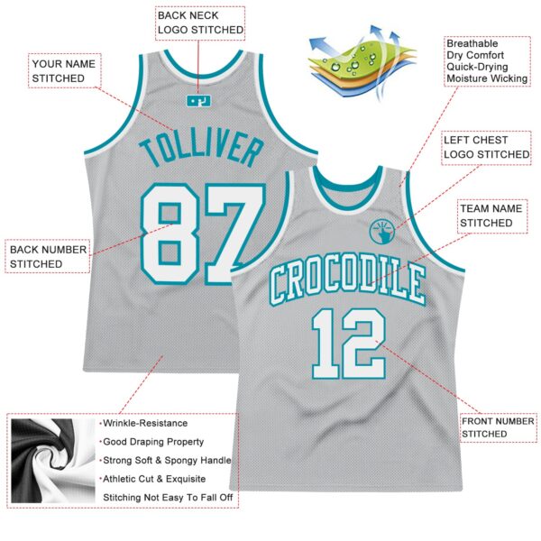 Custom Gray White-Teal Authentic Throwback Basketball Jersey