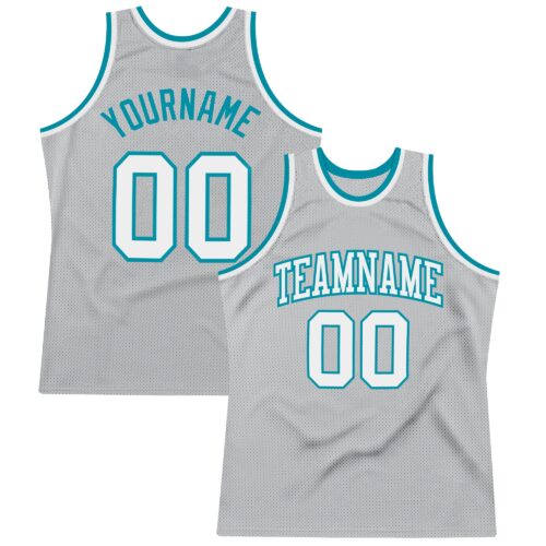 SilverGray0056 Custom Gray White-Teal Authentic Throwback Basketball Jersey