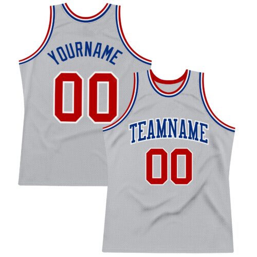 SilverGray0085 Custom Gray Red-Royal Authentic Throwback Basketball Jersey