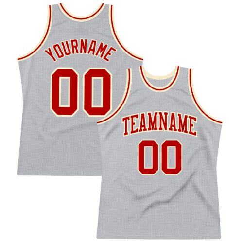 SilverGray0112 Custom Gray Red-Cream Authentic Throwback Basketball Jersey