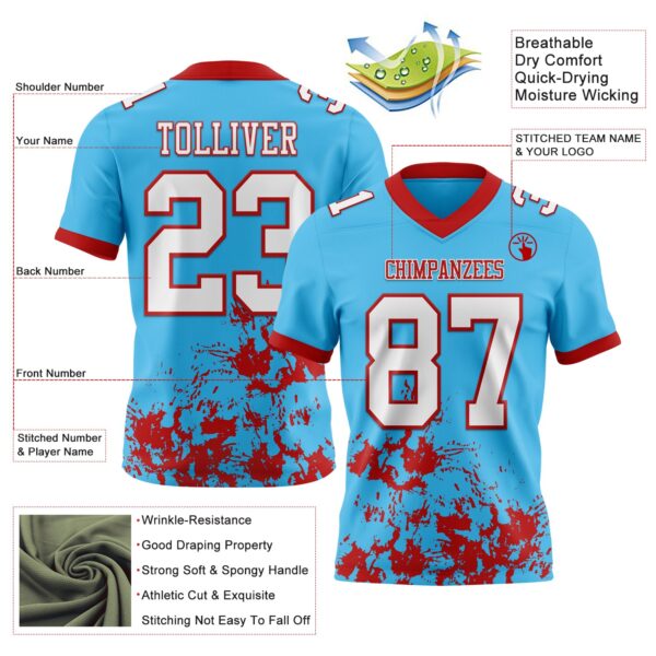 Custom Sky Blue White-Red 3D Pattern Splash Authentic Football Jersey