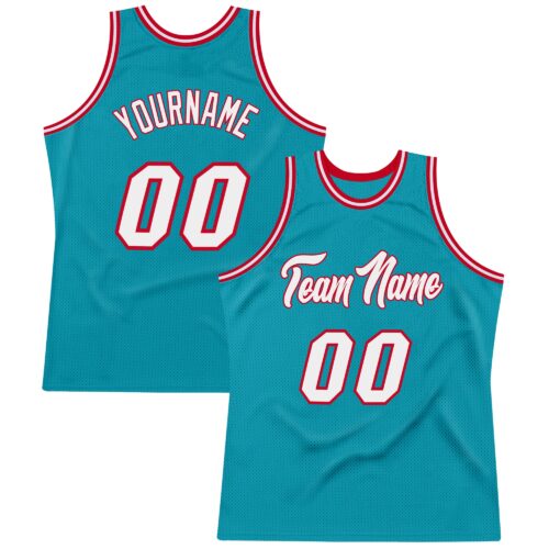 Teal0024 Custom Teal White-Red Authentic Throwback Basketball Jersey