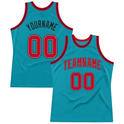 Teal0026 Custom Teal Red-Black Authentic Throwback Basketball Jersey