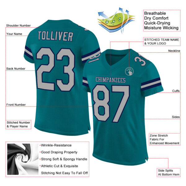 Teal0048-1 Custom Teal Gray-Navy Mesh Authentic Football Jersey