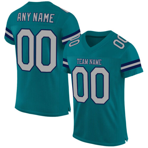 Teal0048 Custom Teal Gray-Navy Mesh Authentic Football Jersey