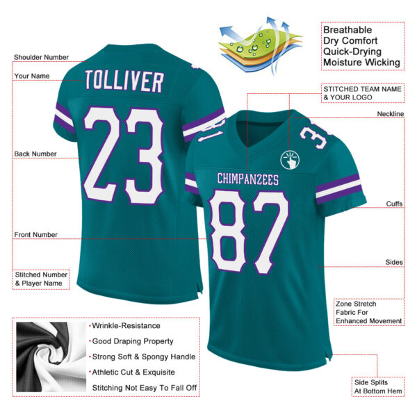 Teal0049-1 Custom Teal White-Purple Mesh Authentic Football Jersey